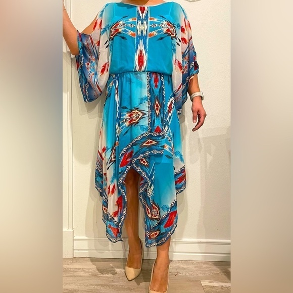 Vintage Collections Dresses & Skirts - VINTAGE COLLECTIONS  Southwestern Aztec Blue Beaded Handkerchief Dress Size S